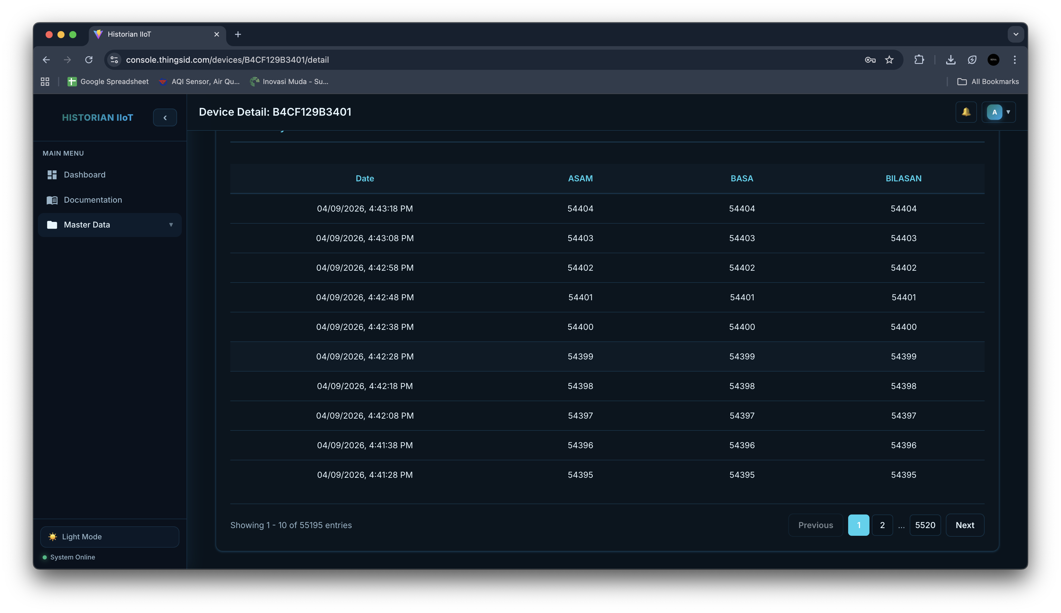 Data historian dengan filter dan export